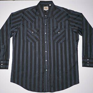 Ely Cattleman Mens Black and Blue Striped Long Sleeve Shirt With Snaps Size XL